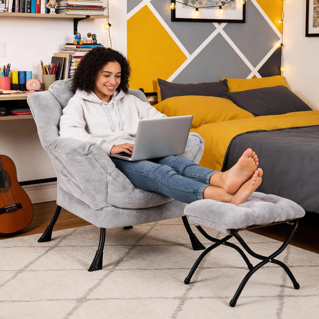 MBOOYOME Lazy Chair with Folding Ottoman, Modern Accent Armchair with Armrests and a Side Pocket & Foldable Footstool, Reading Chair for Living Room, Bedroom, Dorm & Office, Plush Grey