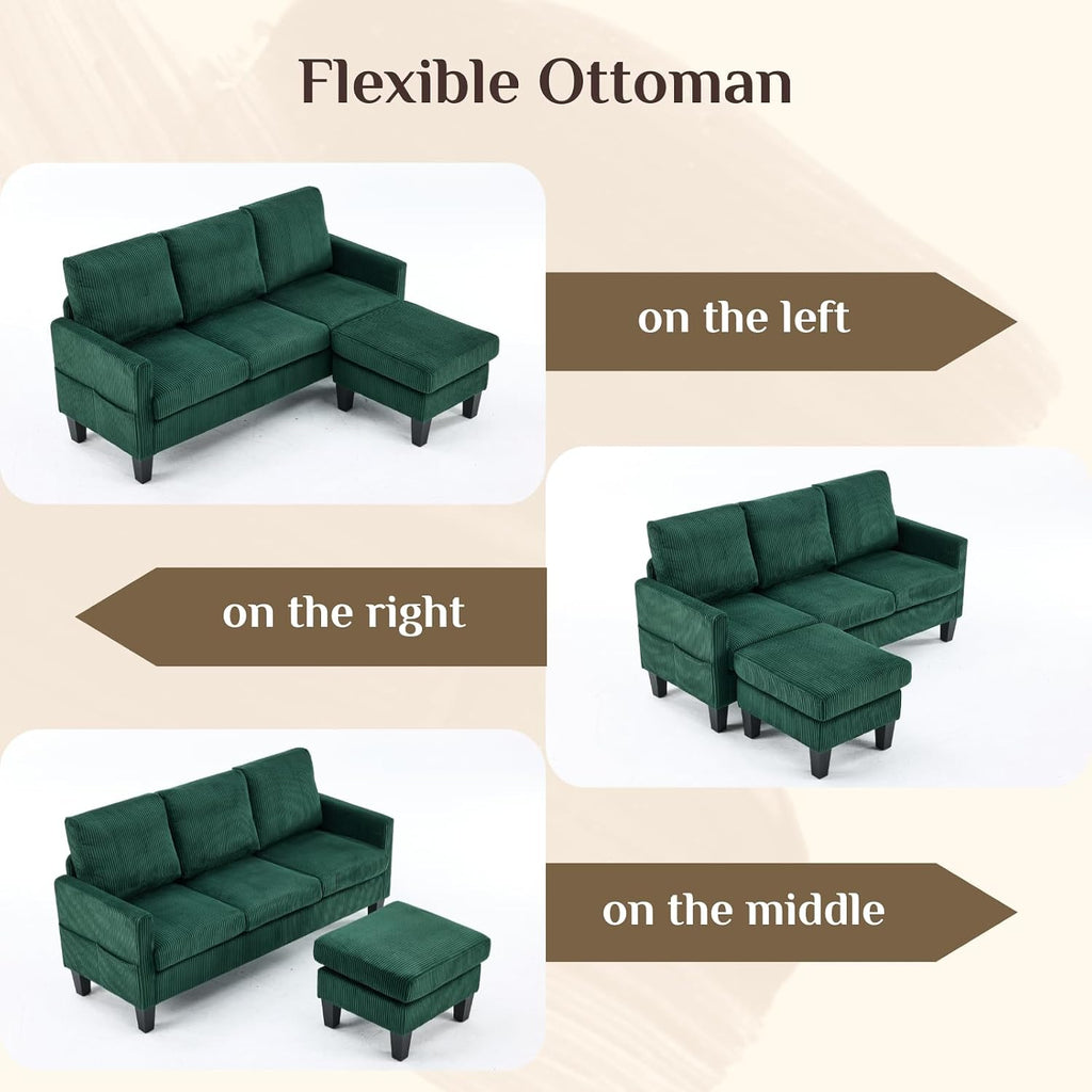 Karl home Small Sectional Couch L Shaped Sofa with Movable Storage Ottoman Corduroy Upholostered Sofa Chaise with Side Pockets for Living Room, Apartment, Studio, Green