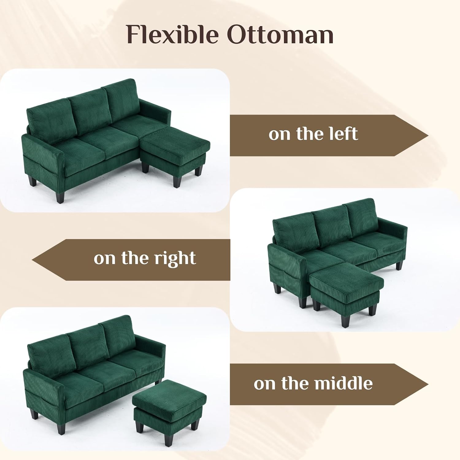 Karl home Small Sectional Couch L Shaped Sofa with Movable Storage Ottoman Corduroy Upholostered Sofa Chaise with Side Pockets for Living Room, Apartment, Studio, Green