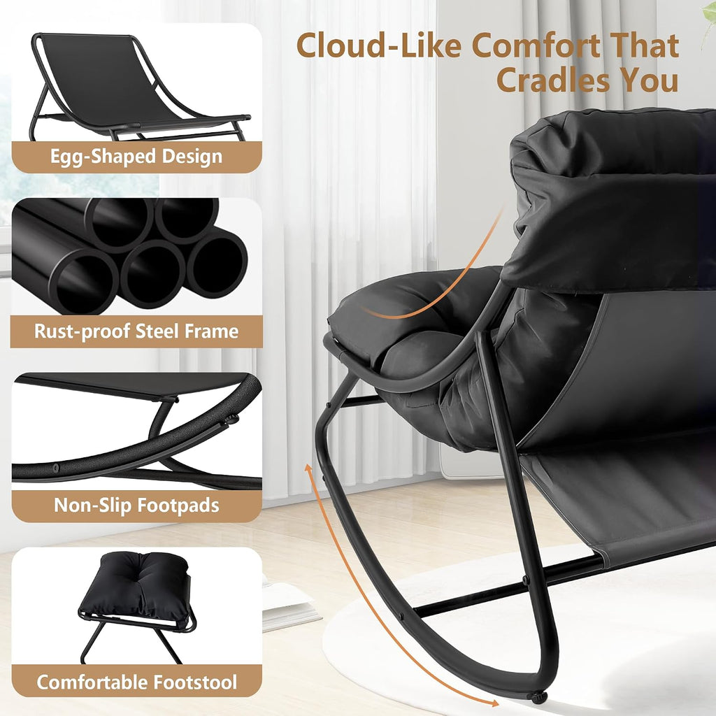 Outdoor Rocking Chair with Ottoman, Comfy Oversized Papasan Chair, Modern Upholstered Egg Gliders, 300 Lbs Wide Recliner Lounge Rocker for Bedroom, Living Room, Patio, Porch, Balcony (Grey)