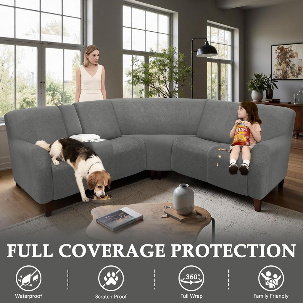 Waterproof Sectional Recliner Couch Covers for Reclining Couches Washable L Shaped Sofa Cover for Dogs Sectional Stretch Corner Recliner Slipcovers (5 Seater 1 Console Cover, Charcoal Gray)