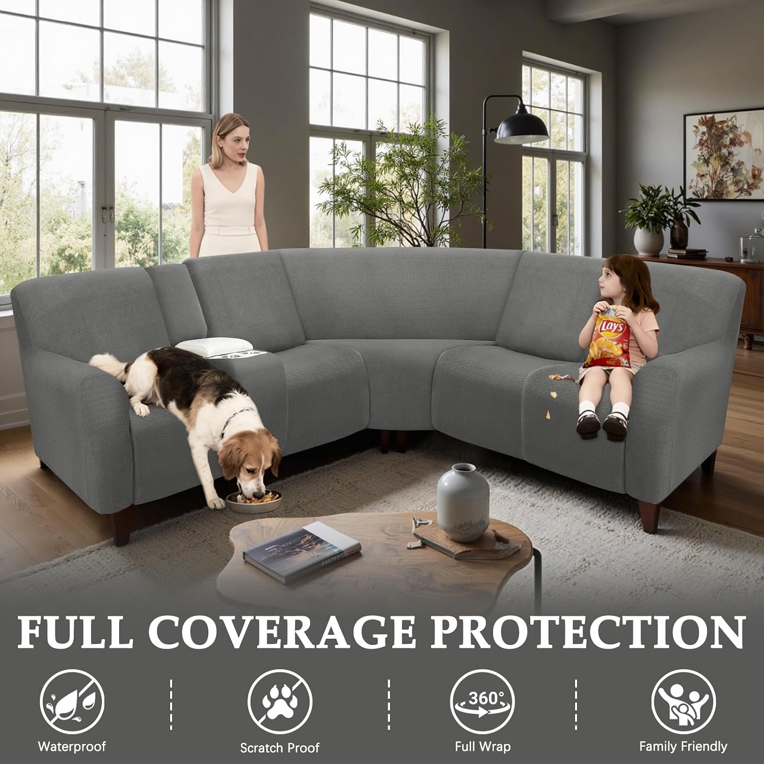 Waterproof Sectional Recliner Couch Covers for Reclining Couches Washable L Shaped Sofa Cover for Dogs Sectional Stretch Corner Recliner Slipcovers (5 Seater 1 Console Cover, Charcoal Gray)