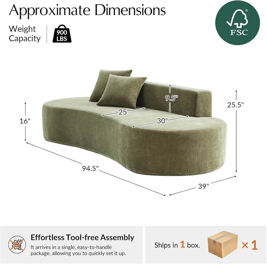 HULALA HOME 94.5' Curved Boneless Couch with Two Pillows, Oversized 3 Seater Compressed Foam Sofa with Deep Seat, Modern Cloud Couch for Living Room, No Assembly Required, Olive
