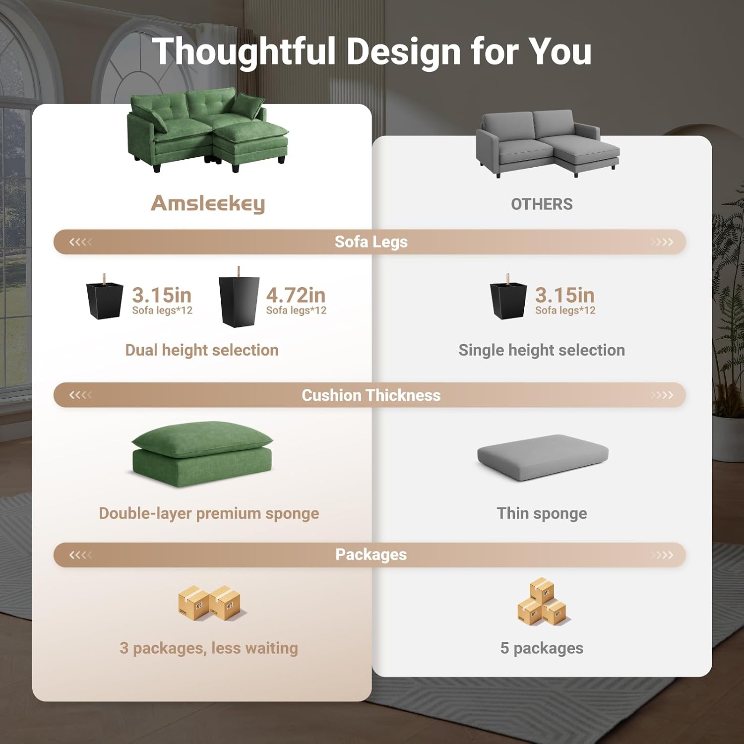 Amsleekey Modular Sectional Sofa, 76.5' L-Shaped Corduroy Comfy Sectional Couches for Living Room, 2-Seater Cloud Couches with 1 Movable Ottoman, Flexible Combination Modern Deep Seat Sofa (Green)