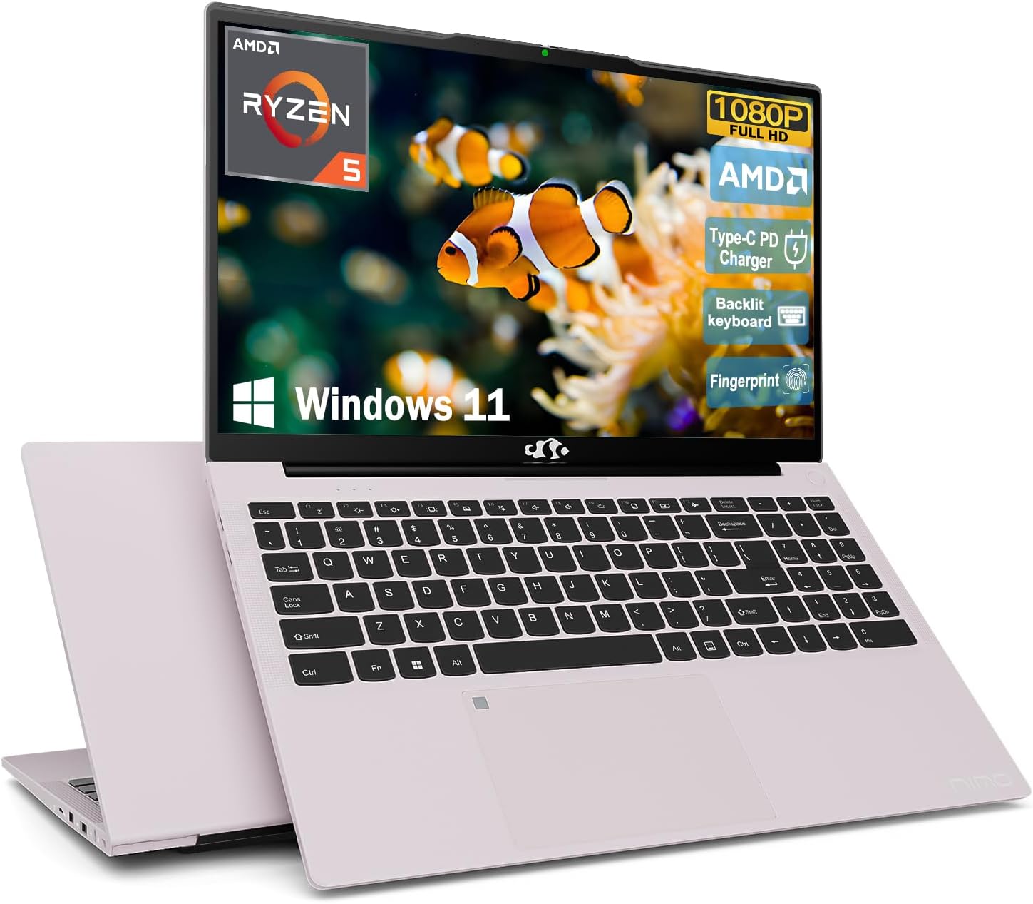NIMO 15.6 Student-Laptop, AMD Ryzen 5 (Beat i5-1135G7), 8GB RAM 256GB SSD, Radeon Vega 8 GPU, Backlit KB, Type-C PD 65W, Fingerprint Unlock, USB3, 2.0MP Camera, Win 11 Notebook for Business Study Work