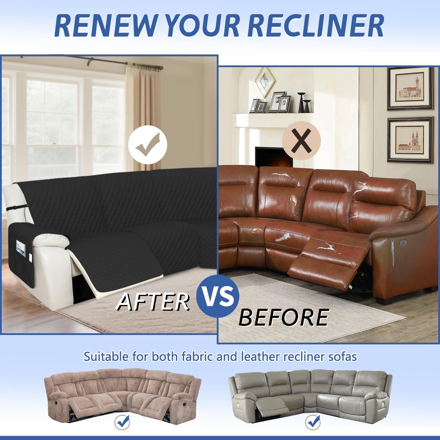 Arfntevss Recliner Sectional Couch Covers 1OO% Waterproof L Shape Sofa Cover for Reclining L Shaped Sectional Slipcover Set Dog Washable Corner Non Slip Furniture Protector (XL 5 Seater, Black)