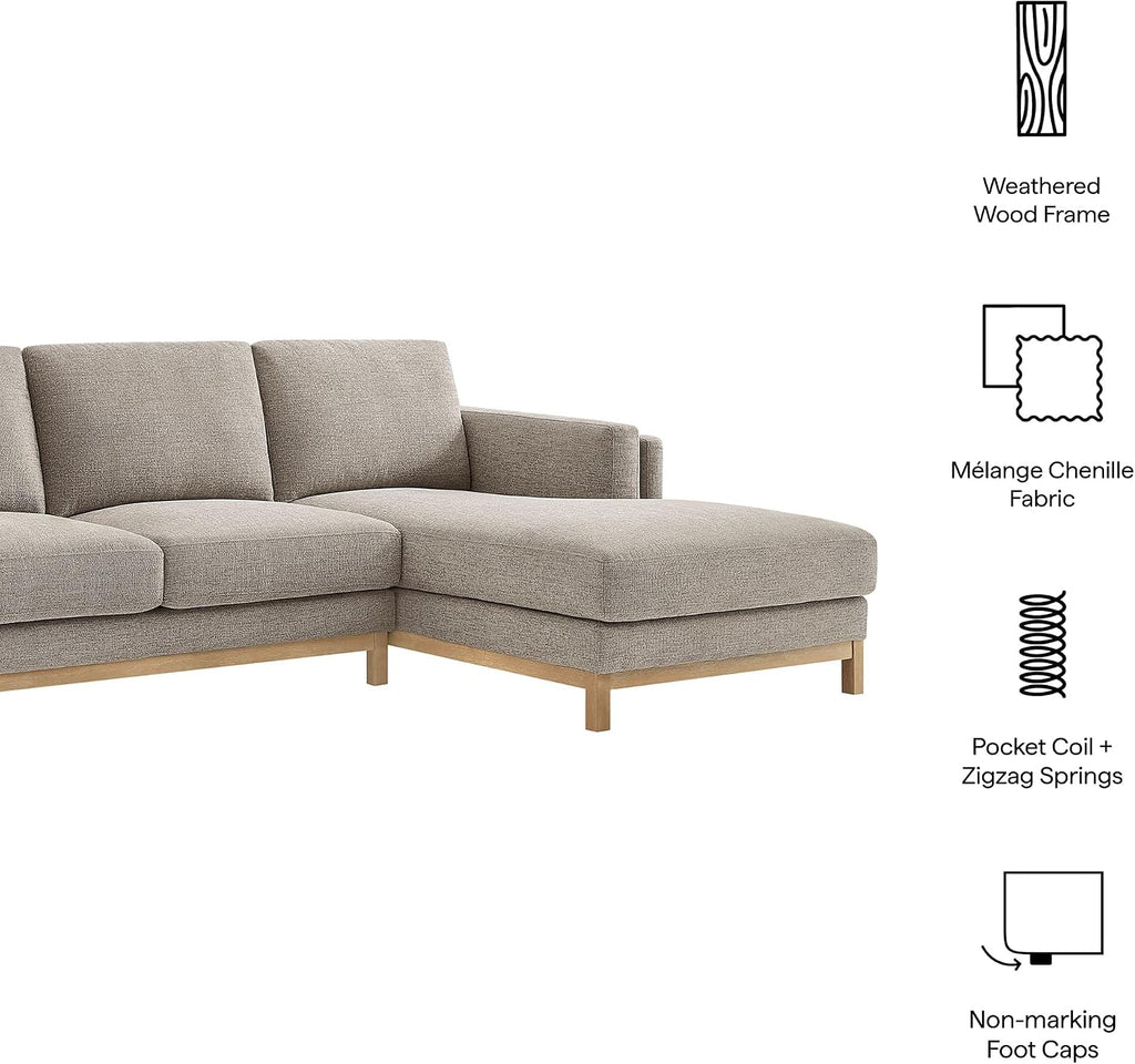 Modway Roscoe Right-Facing Sectional Sofa with Chaise in Pewter - 2-Piece Mélange Chenille Fabric Deep Seat Couch, L Shaped Modular for Living Room or Lounge