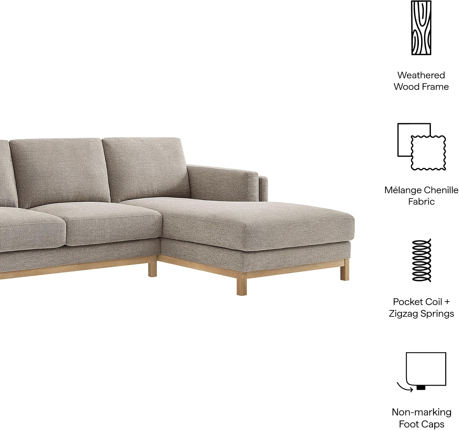 Modway Roscoe Right-Facing Sectional Sofa with Chaise in Pewter - 2-Piece Mélange Chenille Fabric Deep Seat Couch, L Shaped Modular for Living Room or Lounge