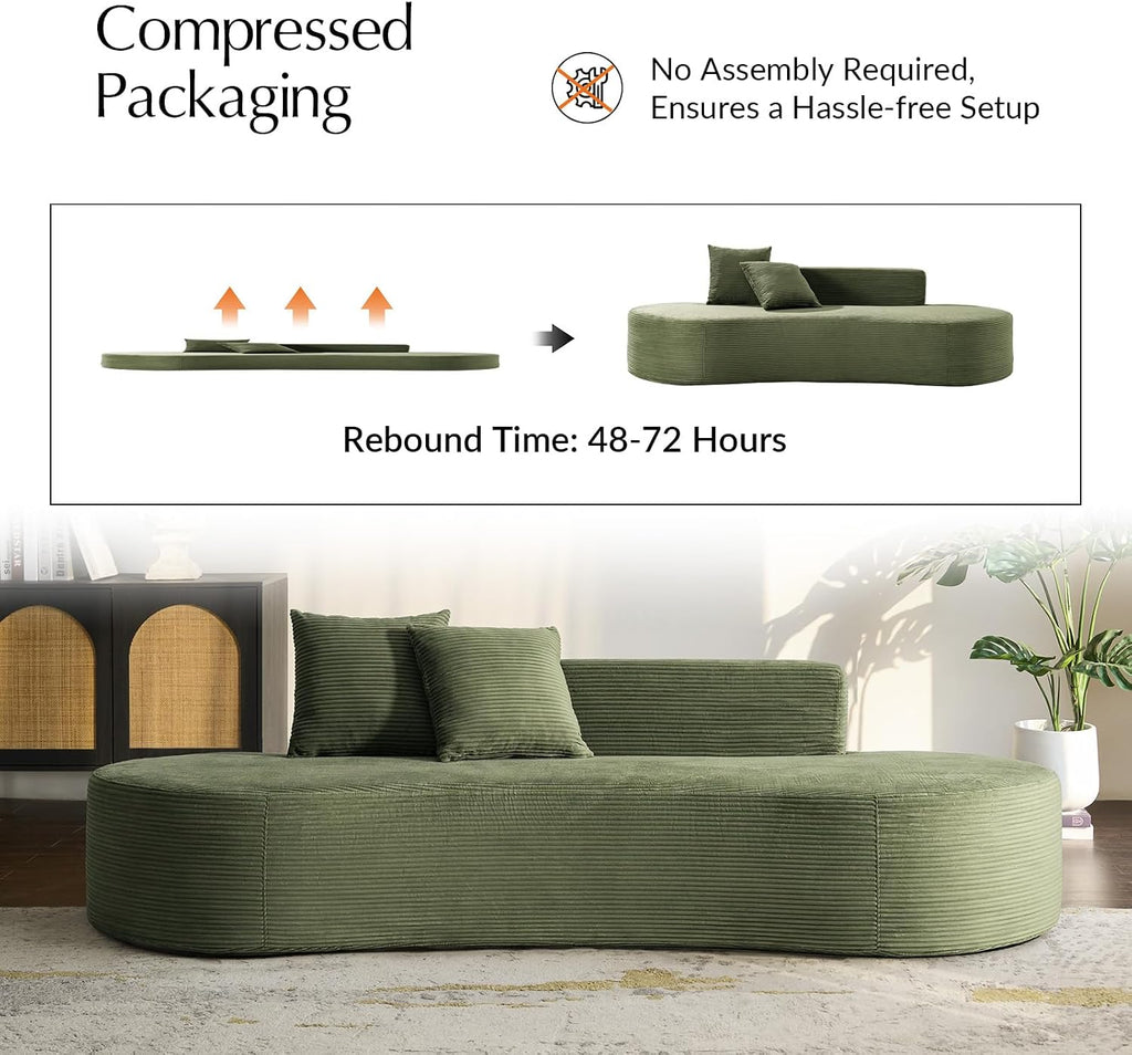 HULALA HOME 94.5' Curved Boneless Couch with Two Pillows, Oversized 3 Seater Compressed Foam Sofa with Deep Seat, Modern Cloud Couch for Living Room, No Assembly Required, Green