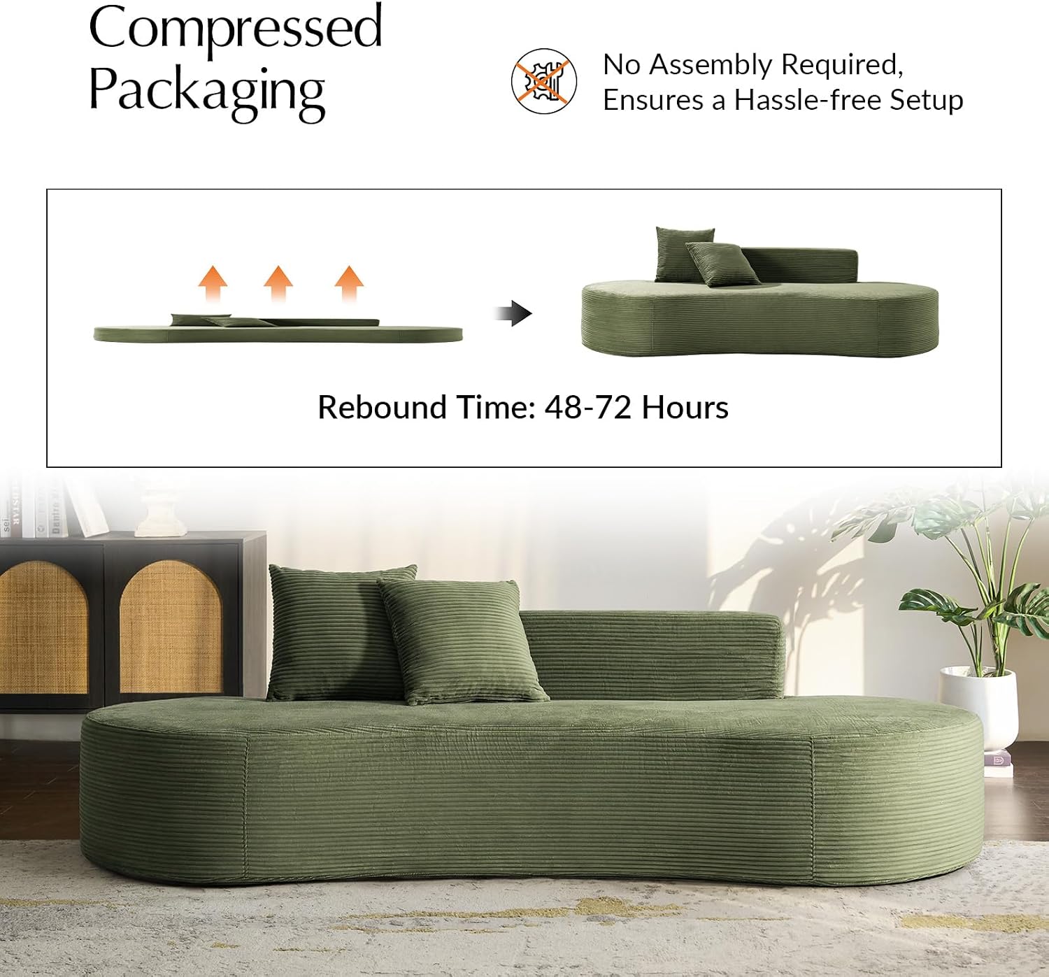 HULALA HOME 94.5' Curved Boneless Couch with Two Pillows, Oversized 3 Seater Compressed Foam Sofa with Deep Seat, Modern Cloud Couch for Living Room, No Assembly Required, Green