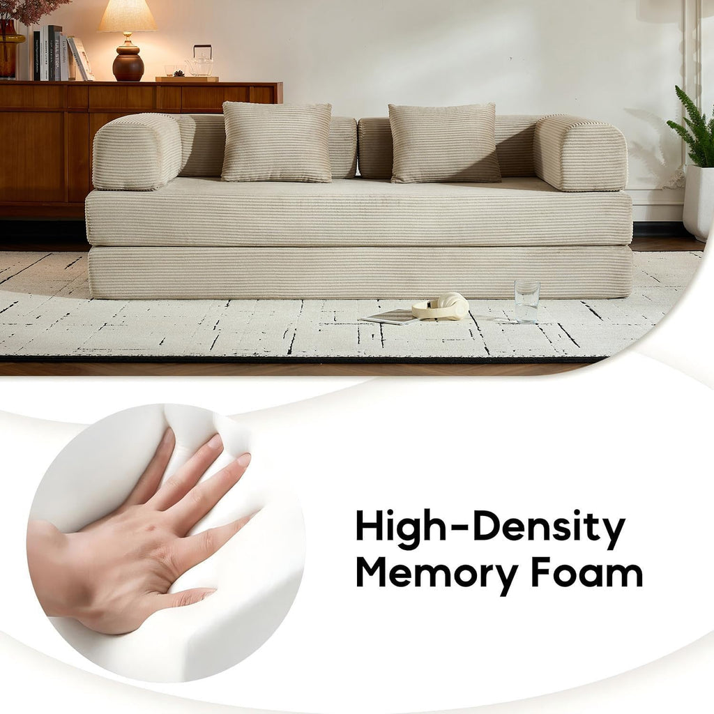 ZEIINPA Corduroy Floor Sofa Bed, Convertible Folding Couch Bed with Fixed-Shape Frame and Armrest for Living Room Bedroom Lounge Studio-Beige