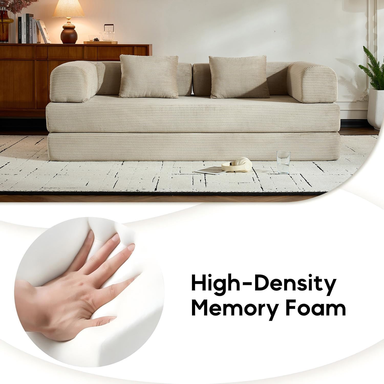 ZEIINPA Corduroy Floor Sofa Bed, Convertible Folding Couch Bed with Fixed-Shape Frame and Armrest for Living Room Bedroom Lounge Studio-Beige