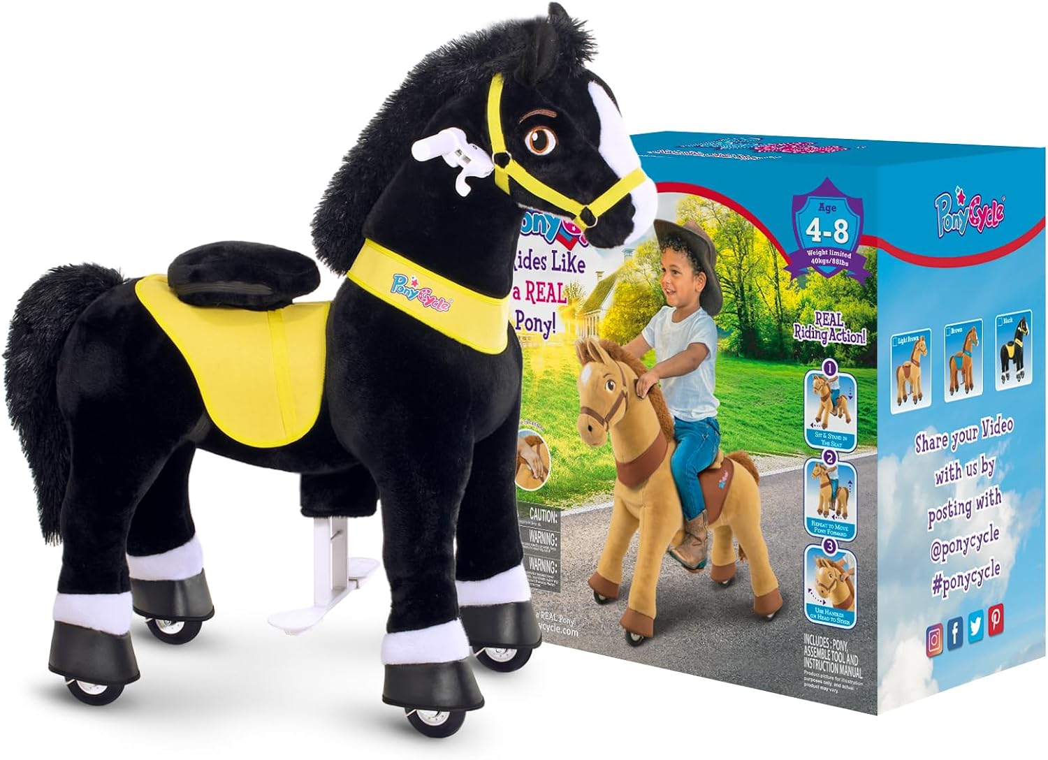 PonyCycle Kids Ride on Toys Horses for Toddlers 3-4 Ride on Horse Walking Horse Size 3 No Battery Required Pony Cycle Plush Animal Giddy up Spirit Riding Toys Black E338