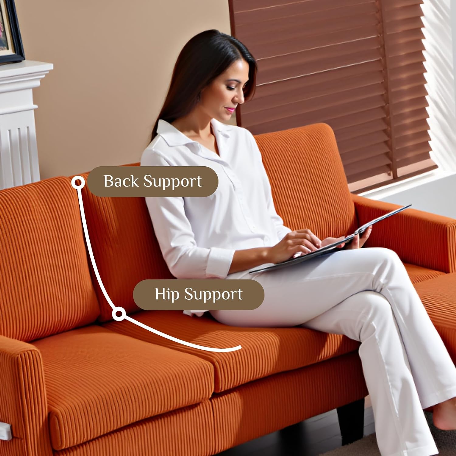 Karl home Small Sectional Couch L Shaped Sofa with Movable Storage Ottoman Corduroy Upholostered Sofa Chaise with Side Pockets for Living Room, Apartment, Studio, Orange