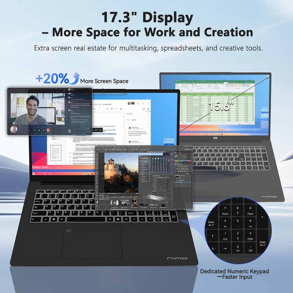NIMO AI Copilot+ PC Business-Laptop, 17.3' Laptop, AMD Ryzen AI 370(12C/24T, 50 Tops NPU), Radeon 890M, 64GB RAM 4TB SSD, 144Hz, PD 100W USB-C 4.0, AI-PC with Wi-Fi 6E for Working Business Creation