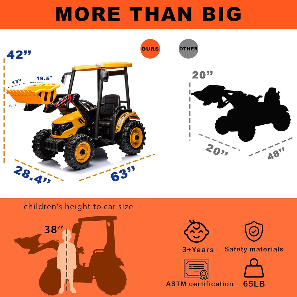 Kidsera 24V Ride on Tractor with Front Loader, Ride On Excavator with 24volt Dual Motors 4-Gearbox Metal Frame Kids Electric Vehicles 24V Power Wheels 24v Ride on Toys for Big Kids (Yellow)