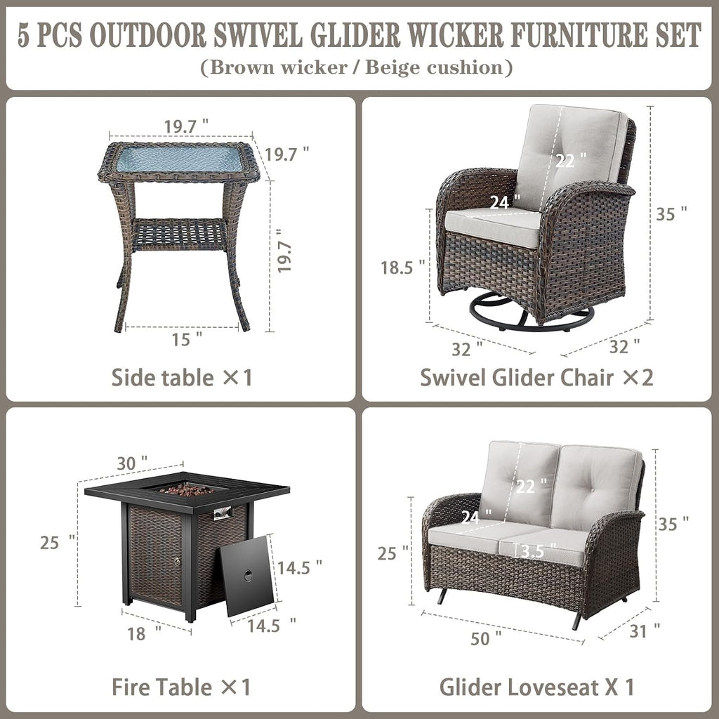 Belord 5 Pieces Patio Furniture Set with 30' Propane Fire Pit Table, Deep Seating Swivel Rocker Glider Outdoor Chairs Set of 4 with Side Table Set of 2 Patio Conversation Set Brown Wicker