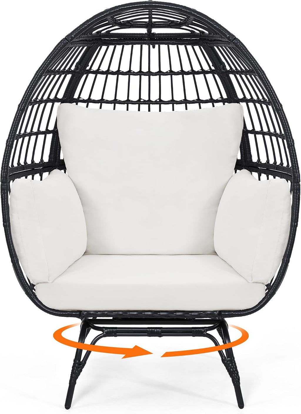 Murago Oversized 360° Swivel Rattan Egg Chair for Adult, Indoor Outdoor Patio Large Wicker Egg Chair with Overstuffed Cushions, 440lb Weight Capacity, Black Rattan with Beige Cushion