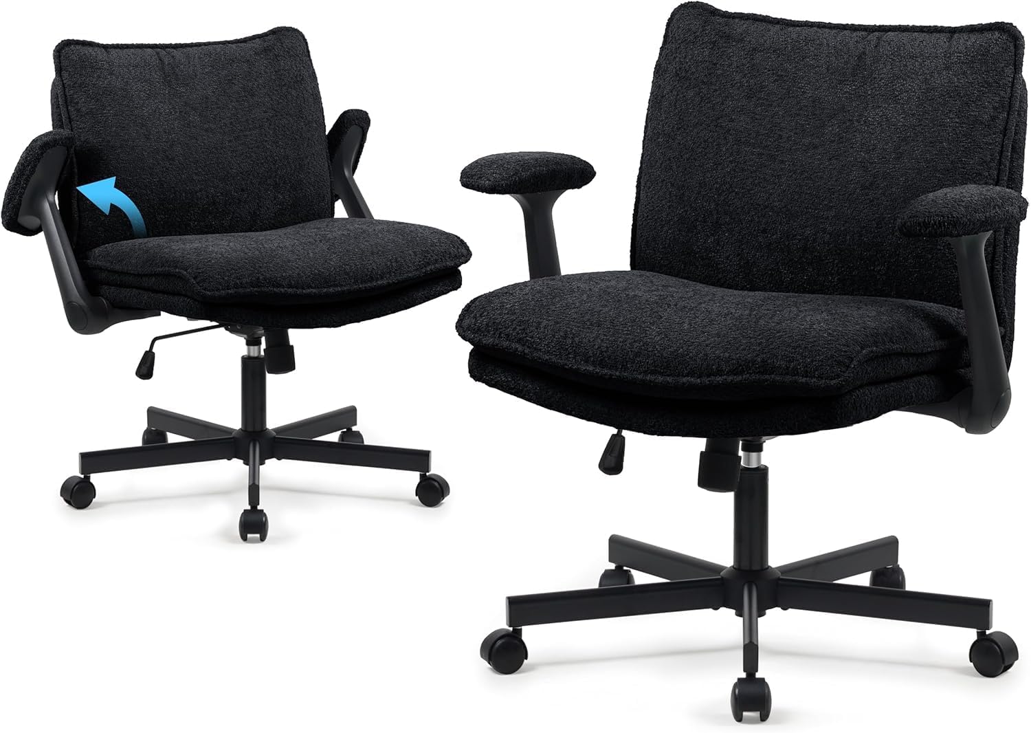 Kassipo Criss Cross Legged Office Chair with Wheels and Flip-Up Arms, Upholstered Criss Cross Desk Chair, Wide Seat Chairs for Home Office, Vanity, Apartment, Black