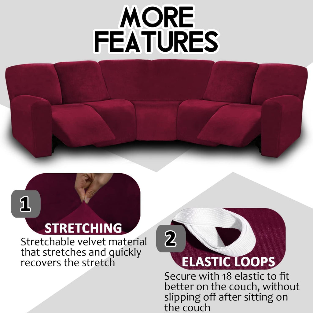 ULTICOR 7-Piece L Shape Sectional Recliner Sofa Covers, Velvet Stretch Reclining Couch Covers for Reclining L Shape Sofa, Thick, Soft, Washable (Burgundy - Wine, L Shape 5 Seat Recliner Cover)