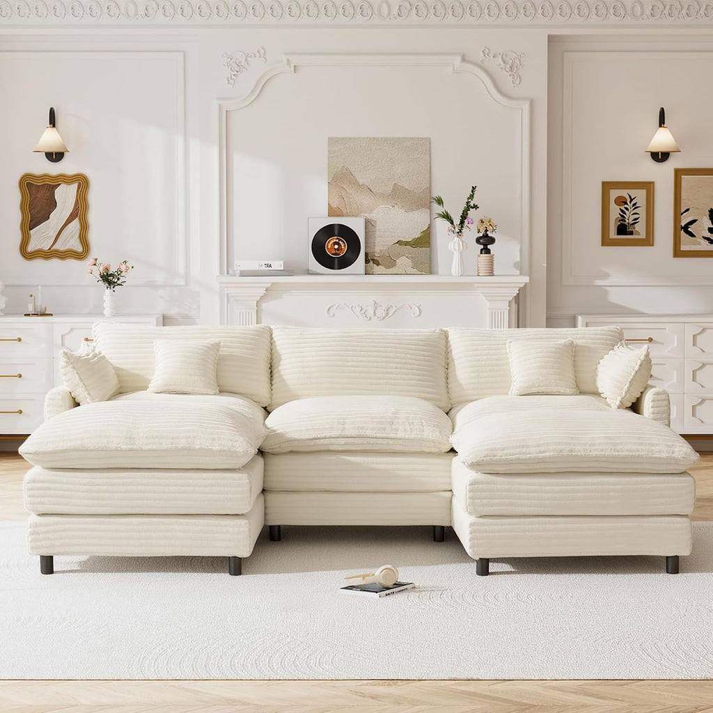 HYJT-H&K 108' U Shaped Cloud Couch Modular White Sectional Couches for Living Room, Comfy Fluffy Corduroy Oversized Cloud Sectional Couch Large 5 Seat Sectionals Sofa Set, White