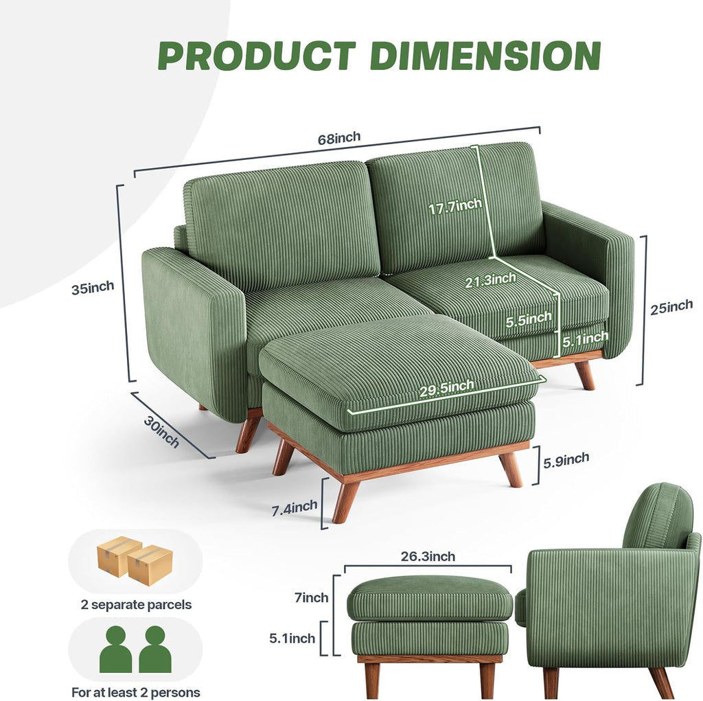 Vesgantti 68' Loveseat Sofa with Movable Ottoman, Comfy Corduroy Couch with Spring Cushion, Sofa Couch with Solid Wood, Modern Office Sofa with Deep Seat for Living Room and Bedroom, Green