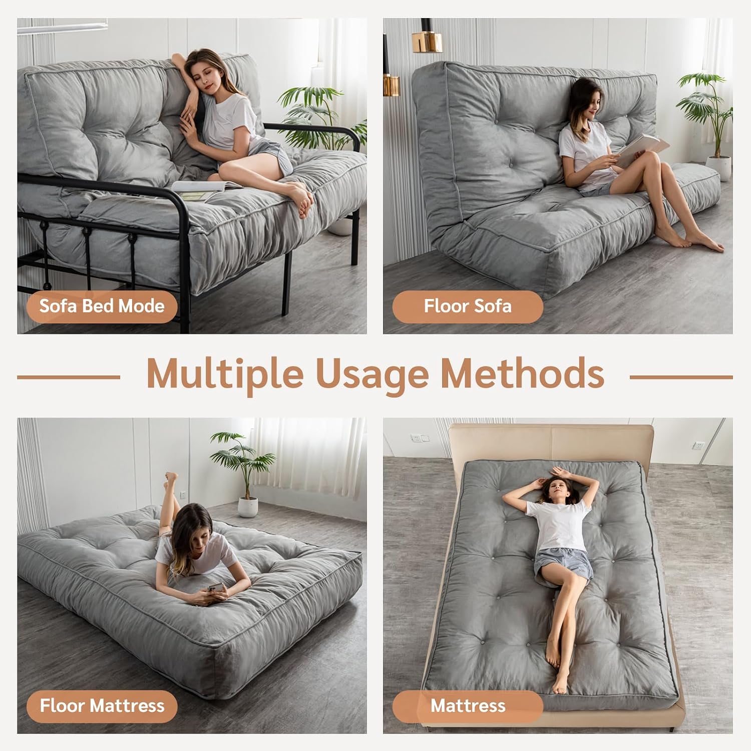 YOSHOOT 8 Inches Futon Mattress Full Size, Thick Futons Sofa Couch Bed, Floor Mattress for Adults, Shredded Foam Filling, Medium Firm(Frame Not Included), Grey, 54'x75'