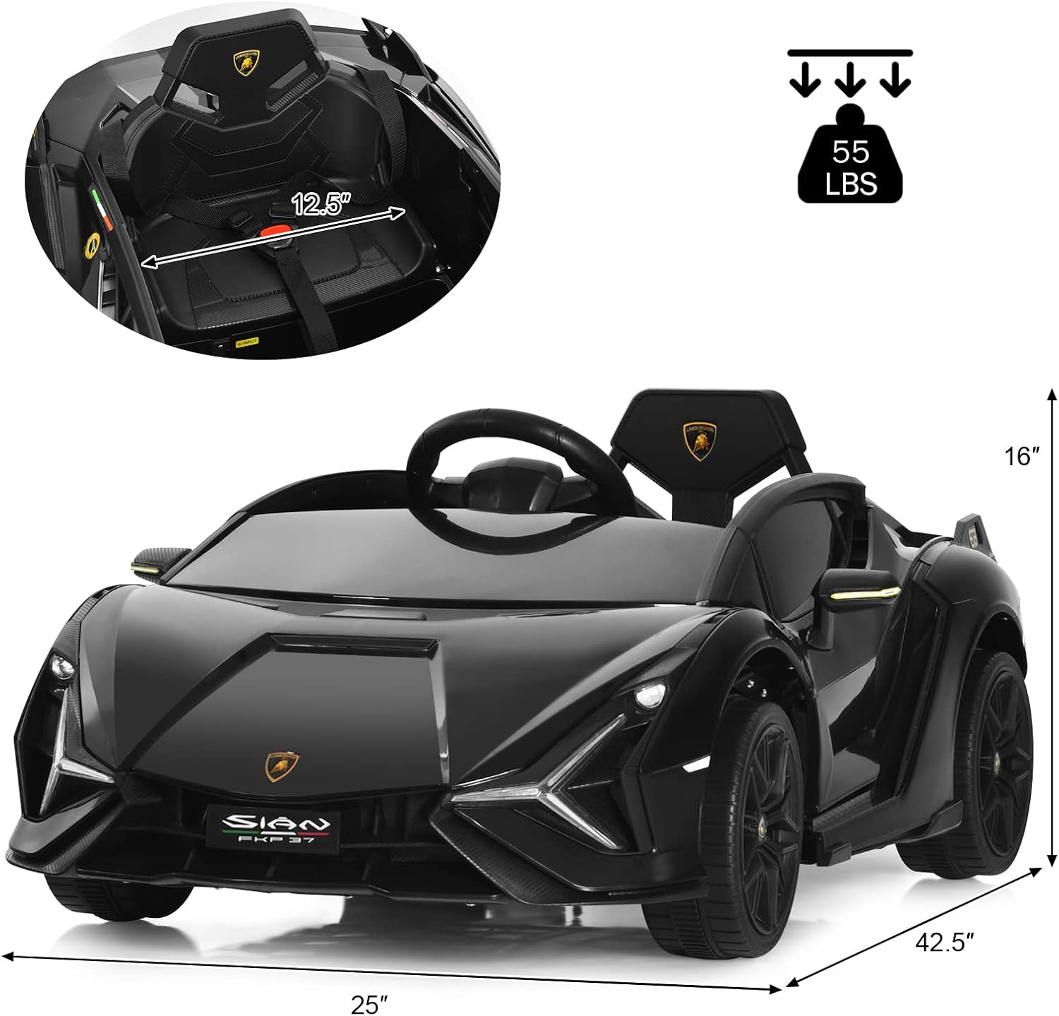 INFANS 12V Licensed Lamborghini Sian Kids Ride On Car with Parent Remote Control, Spring Suspension, MP3 Player, Electric Toy Roadster Carbon Fiber Textured for Toddler (Black)