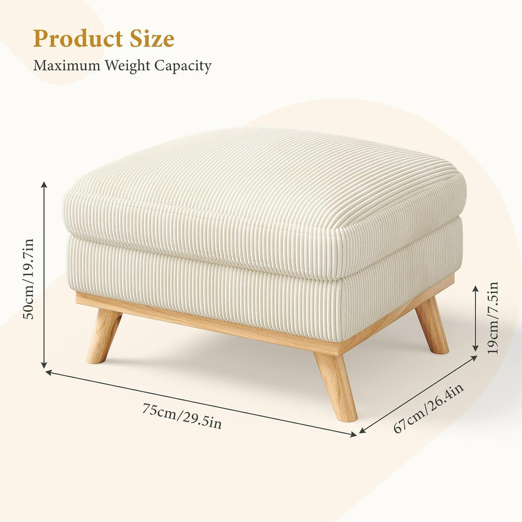 Vesgantti Large Ottoman for Modular Sofa, 29.5' Corduroy Pouf Ottoman with Spring Cushion, Rectangle Foot Rest for Couch, Entrance Footstool with Wood Legs, Footstool for Living Room, Bedroom, Beige