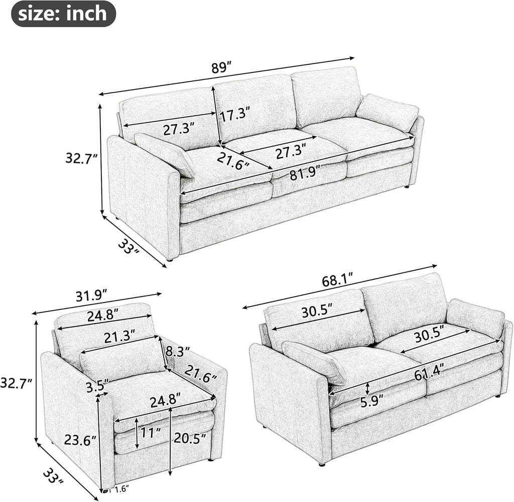 Harper & Bright Designs 2-Piece Chenille Fabric Upholstered Sofa Set with Oversized Comfy Cloud 3-Seater Couch and Loveseat Sofa, Double Plush Cushion for Living Room