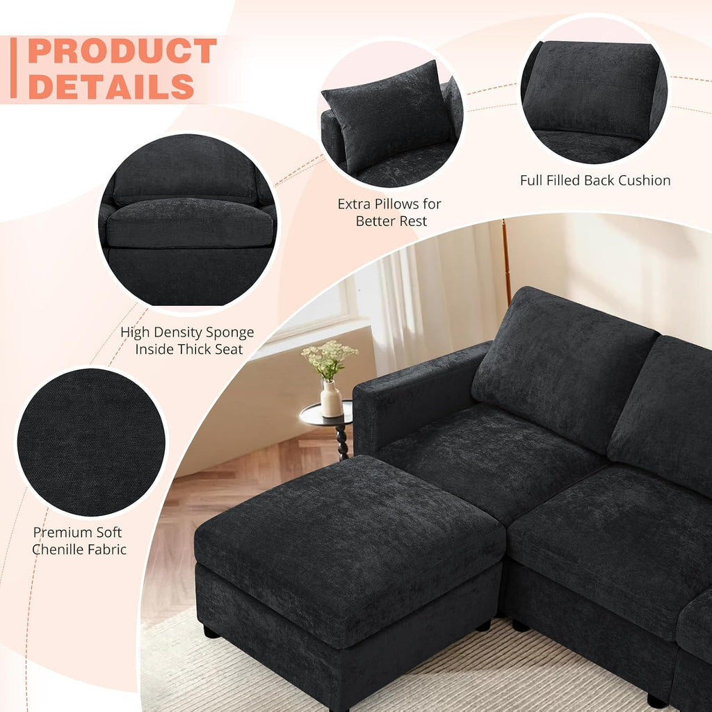 84 Inches Chenille 3-Seater Couch W/Movable Ottoman, Upholstered Sectional Sofa w/Soft Backrest, Modern Fabric L Shaped Couch w/Armrest Pillows for Living Room, Office, Black