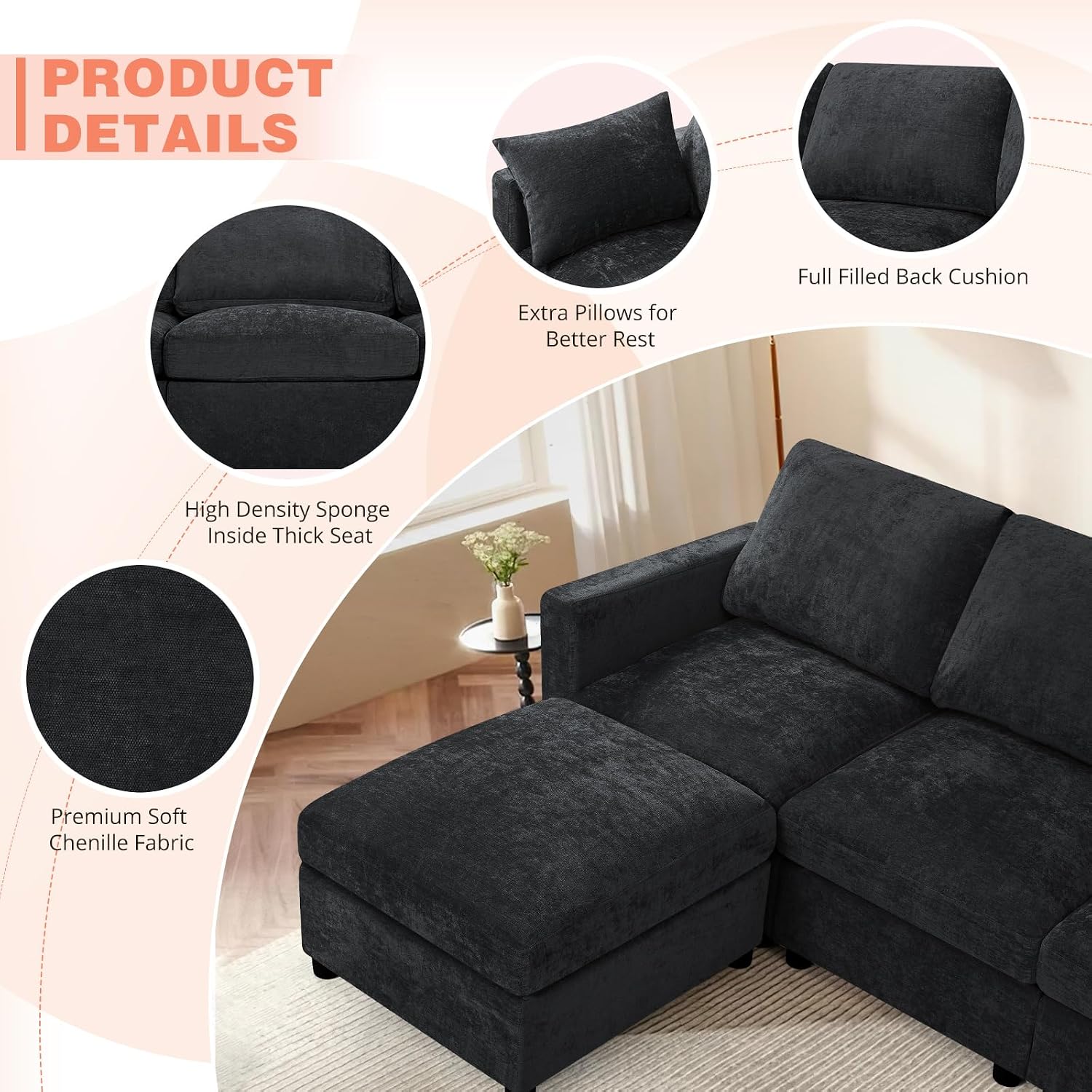 84 Inches Chenille 3-Seater Couch W/Movable Ottoman, Upholstered Sectional Sofa w/Soft Backrest, Modern Fabric L Shaped Couch w/Armrest Pillows for Living Room, Office, Black
