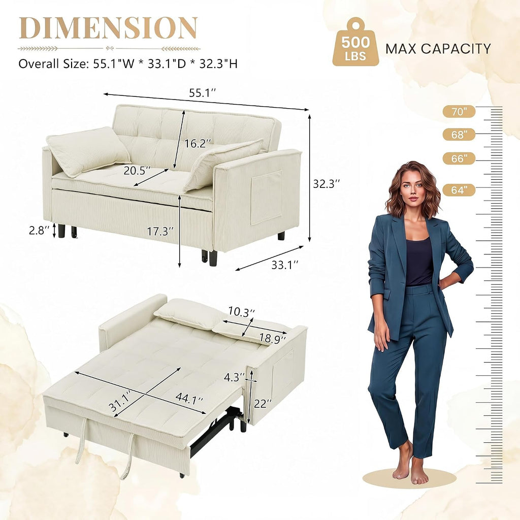 CAPCAEK 3 in 1 Convertible Sleeper Sofa Bed, Modern Corduroy Loveseat Pull-Out Couch w/Pullout Bed, Small Love Seat Lounge Sofa w/Reclining Backrest,Toss Pillows, Pockets, for Living Room