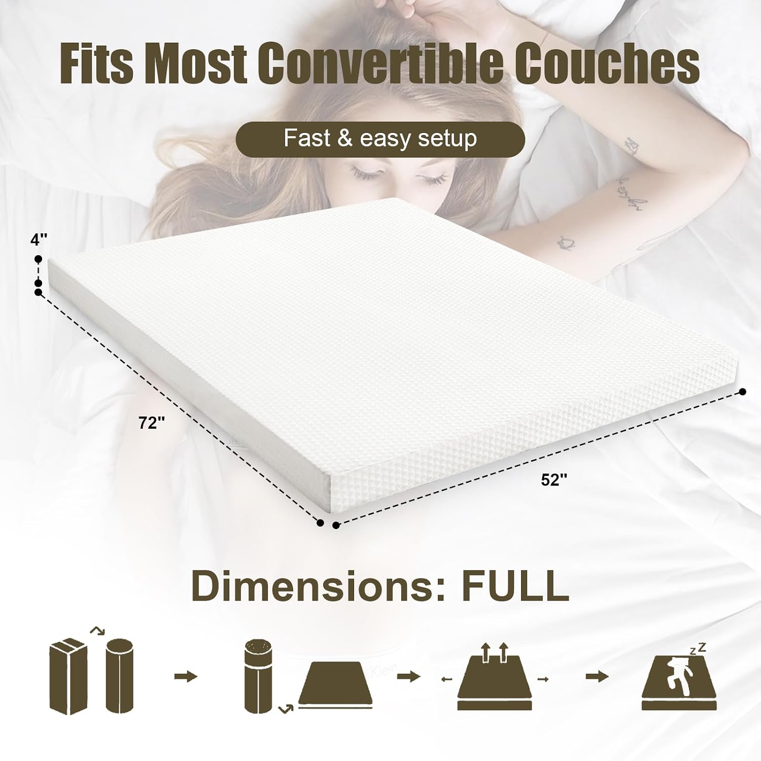 4 inch Full Sofa Mattress with Removable Washable Cover,Replace Pull Out Full Size Sleeper Sofa Mattress for RVs,Daybeds,Boats&Guest Rooms,52x72x4 inch