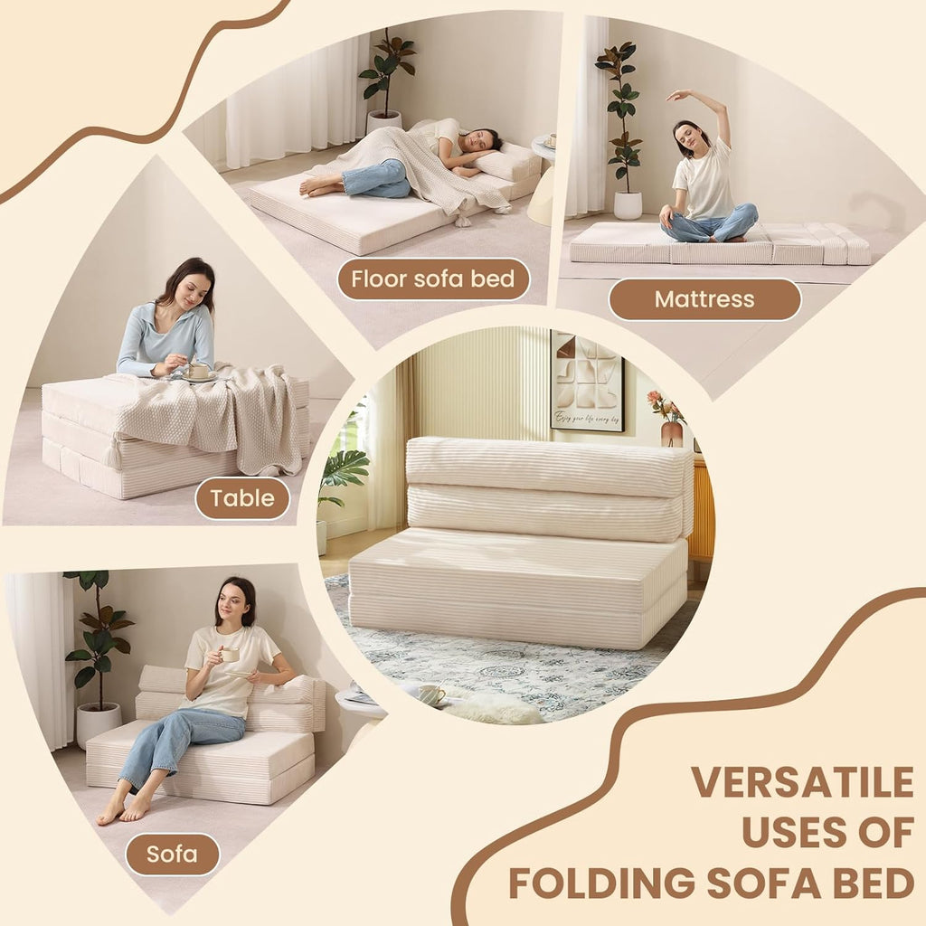 JUIKURY Folding Sofa Bed, Convertible Sleeper Chair with Pilow Foldable Matress, 2 in 1 Pull Out Loveseat Sofa Portable Fold Out Chair Bed Floor Couch Lounge for Living Room Bedroom (Beige, Twin)