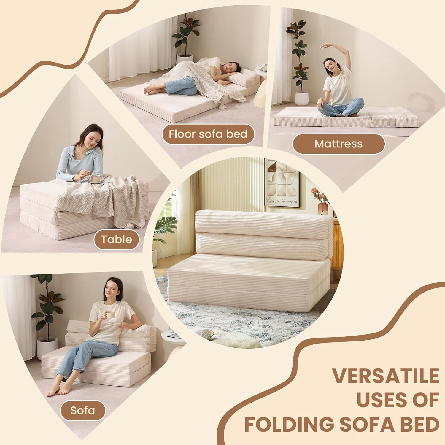 JUIKURY Folding Sofa Bed, Convertible Sleeper Chair with Pilow Foldable Matress, 2 in 1 Pull Out Loveseat Sofa Portable Fold Out Chair Bed Floor Couch Lounge for Living Room Bedroom (Beige, Twin)