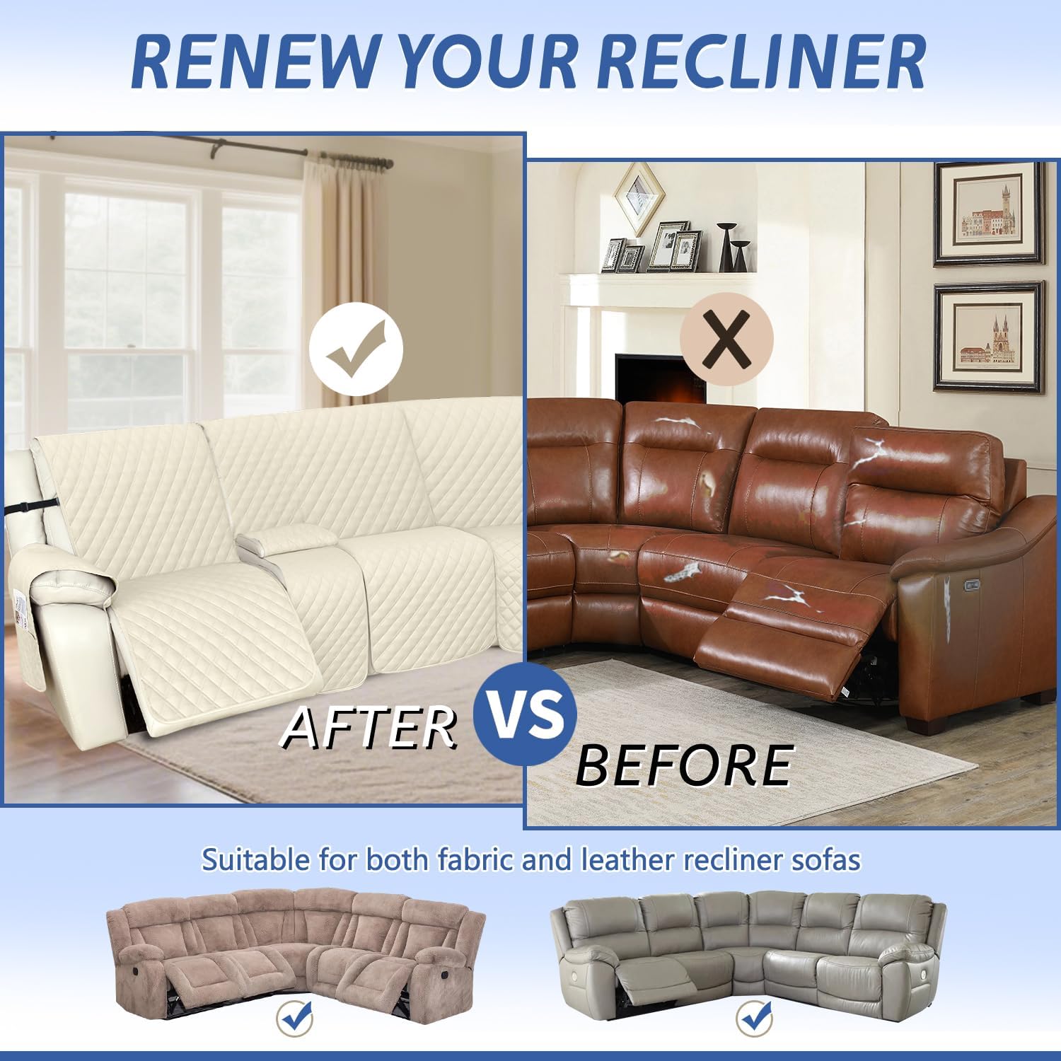 Arfntevss Recliner Sectional Couch Covers 1OO% Waterproof L Shape Sofa Cover for Reclining L Shaped Sectional Slipcover Dog Washable Corner Non Slip Protector (5 Seater with 2 Console, Beige)