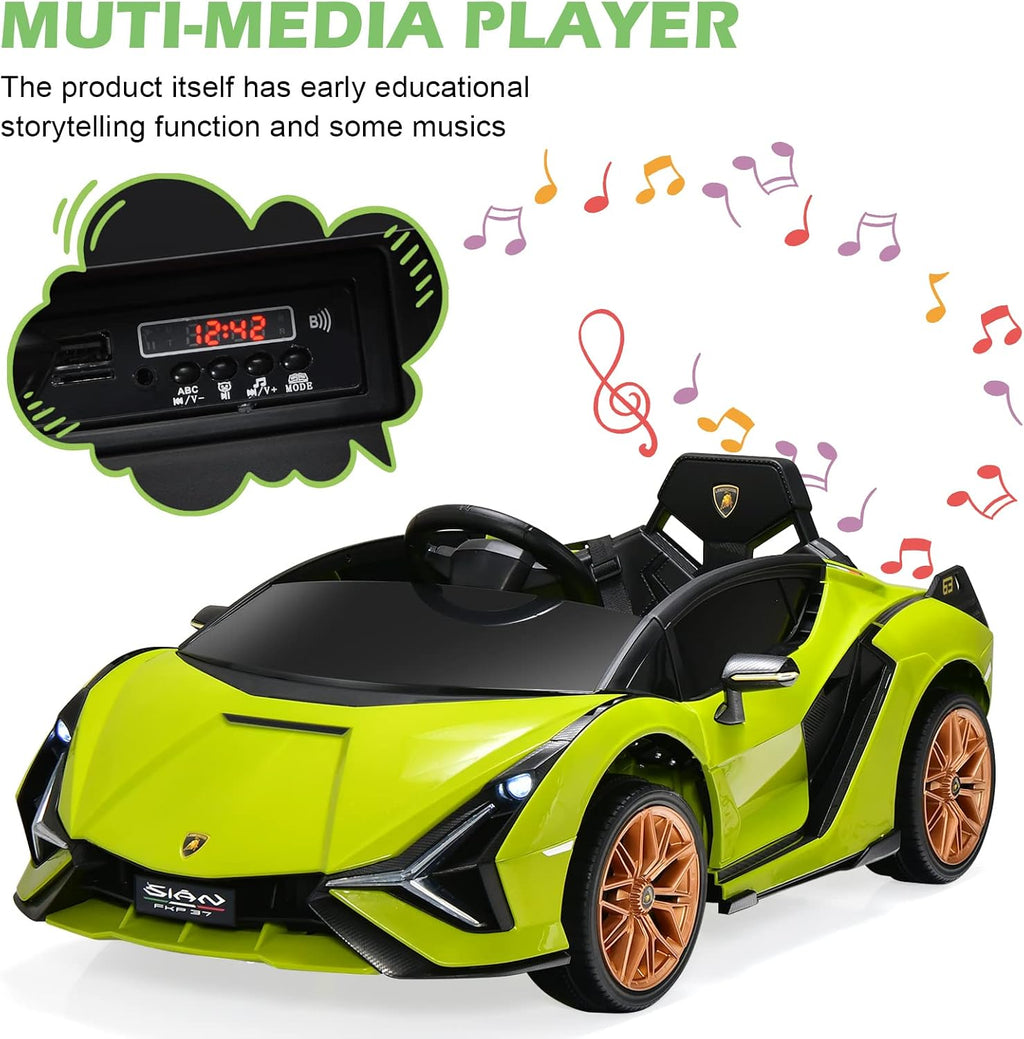 INFANS 12V Licensed Lamborghini Sian Kids Ride On Car with Parent Remote Control, Spring Suspension, MP3 Player, Electric Toy Roadster Carbon Fiber Textured for Toddler (Green)
