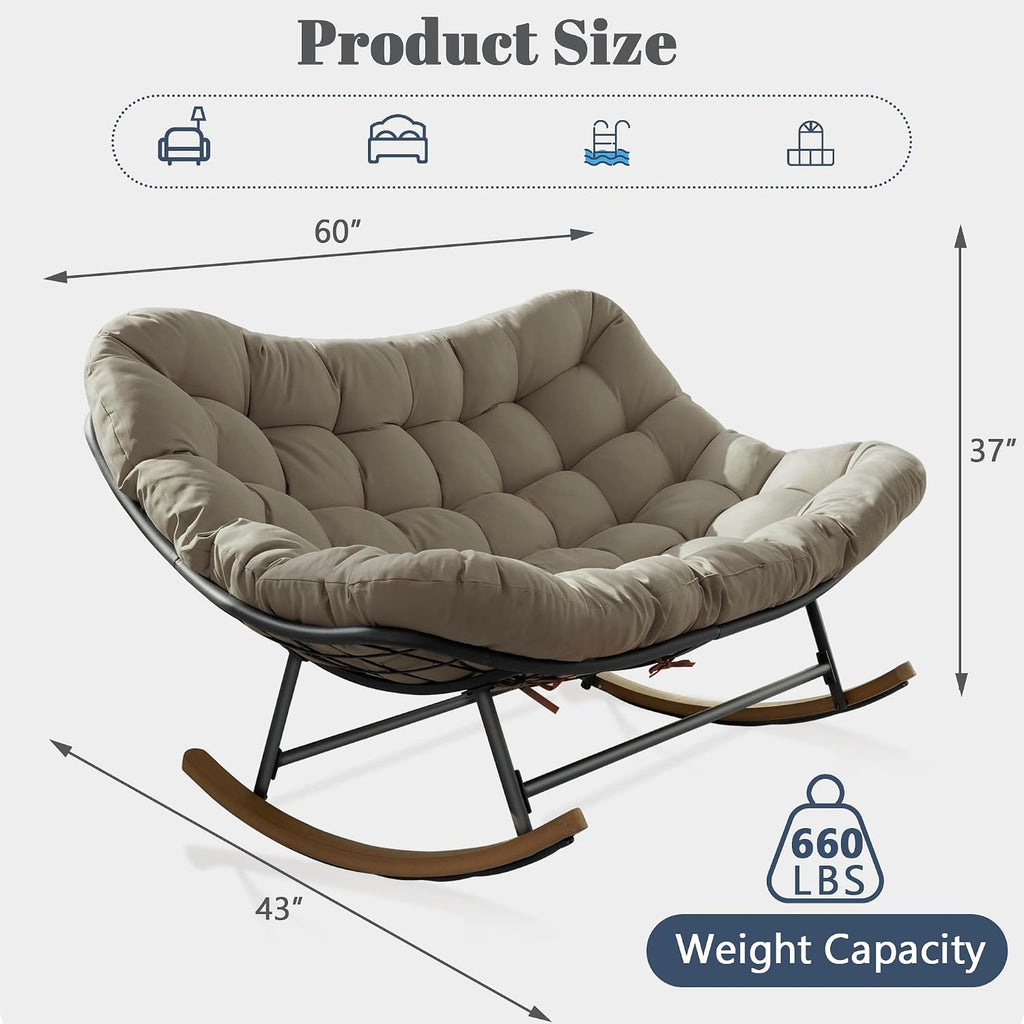 Double Papasan Patio Rocking Chair,Double Oversized Papasan Rocking Chair with Thick Cushions,Perfect for Indoor, Patio, or Balcony Use, Modern Outdoor Loverseat for Two.Khaki