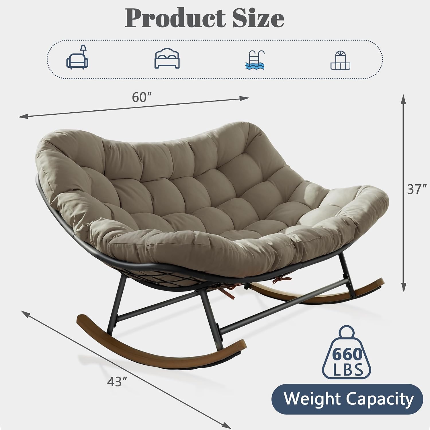 Double Papasan Patio Rocking Chair,Double Oversized Papasan Rocking Chair with Thick Cushions,Perfect for Indoor, Patio, or Balcony Use, Modern Outdoor Loverseat for Two.Khaki