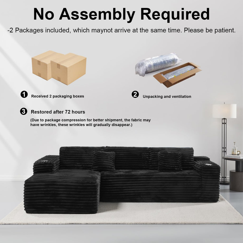 Cloud Sofa Sectional Couch with L-Shape Chaise, Modern Corduroy Boneless Modular Sofa with Cup Holder for Living Room and Apartment, Deep Seat Floor Couch No Assembly (Black, Left Facing Chaise)