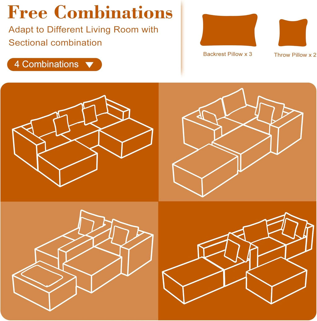 110 Corduroy Modular Sectional Boneless Sofa with 2 Ottomans, Convertible Cloud Couch with Deep Seats, Fluffy Memory Foam U Shaped Couch for Living Room, No Assembly Required (Gray)