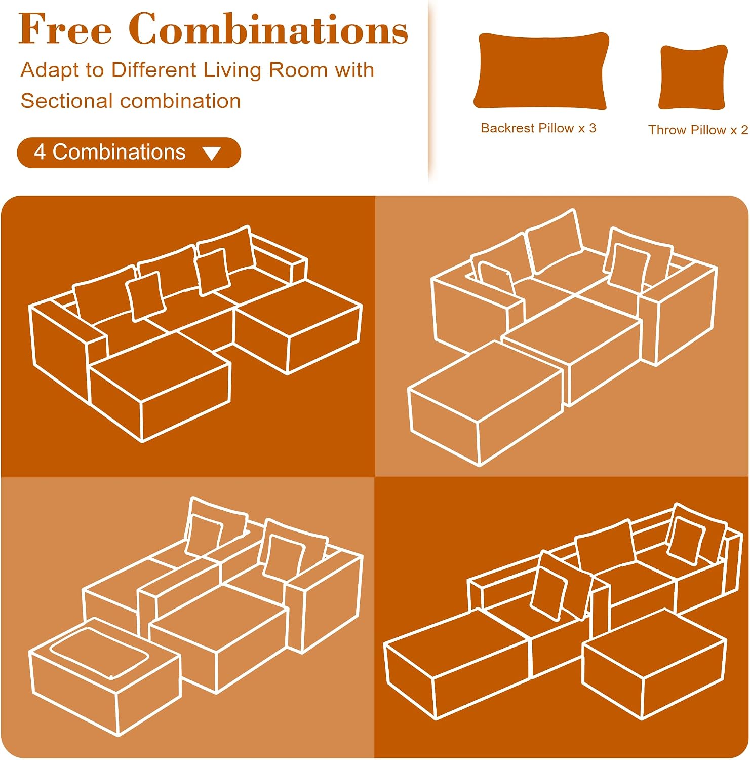 110 Corduroy Boneless Couch for Living Room with 2 Ottomans, Convertible Modular Cloud Sofa with Deep Seats, Ergonomic Memory Foam U Shaped Sectional Couch, No Assembly Required (Beige)