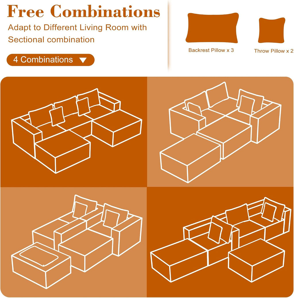 110 Corduroy Modular Sectional Boneless Sofa with 2 Ottomans, Convertible Cloud Couch with Deep Seats, Fluffy Memory Foam U Shaped Couch for Living Room, No Assembly Required (Black)