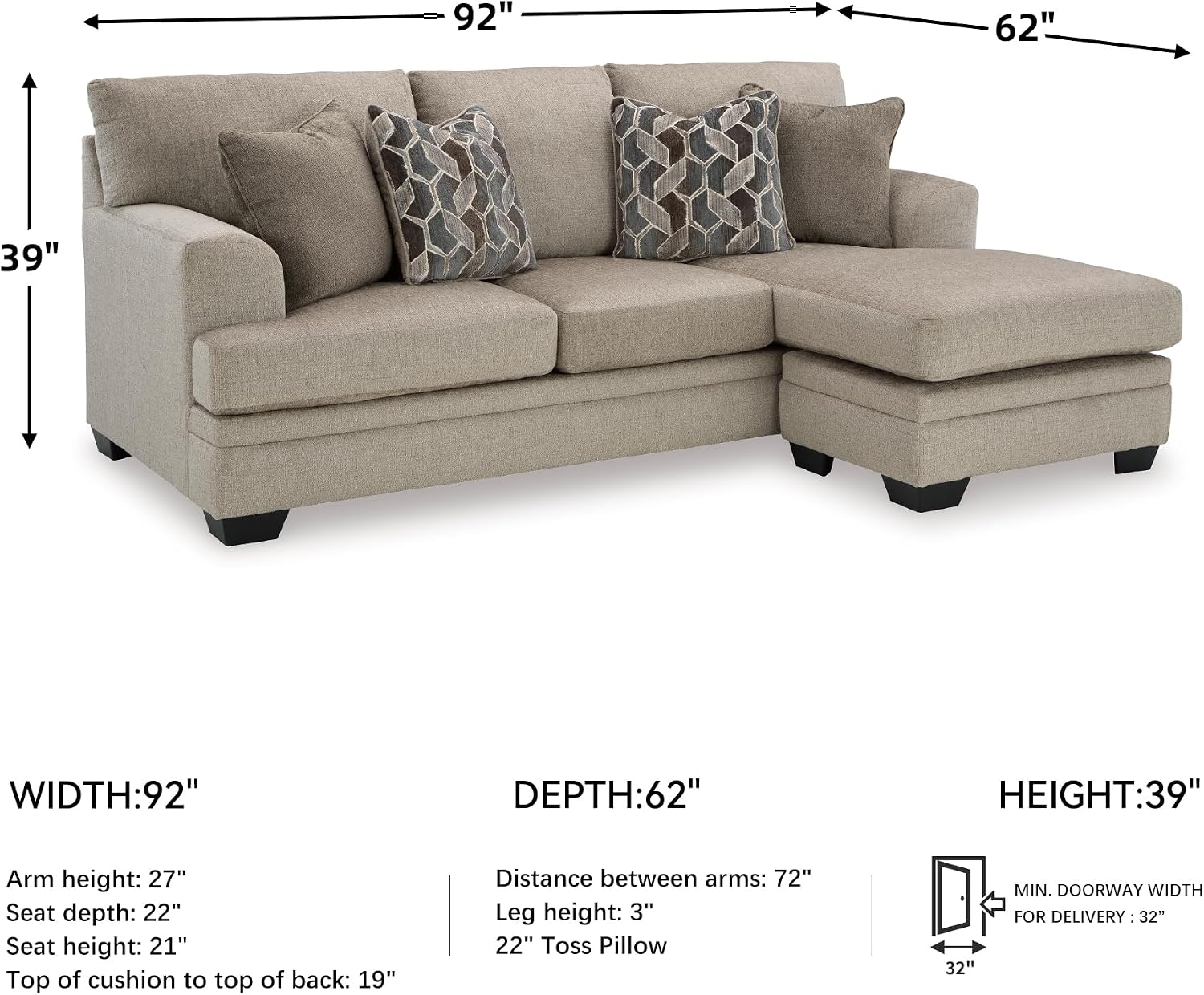 Signature Design by Ashley Stonemeade Casual Right-Arm Facing Sofa Chaise with 4 Toss Pillows, Light Brown