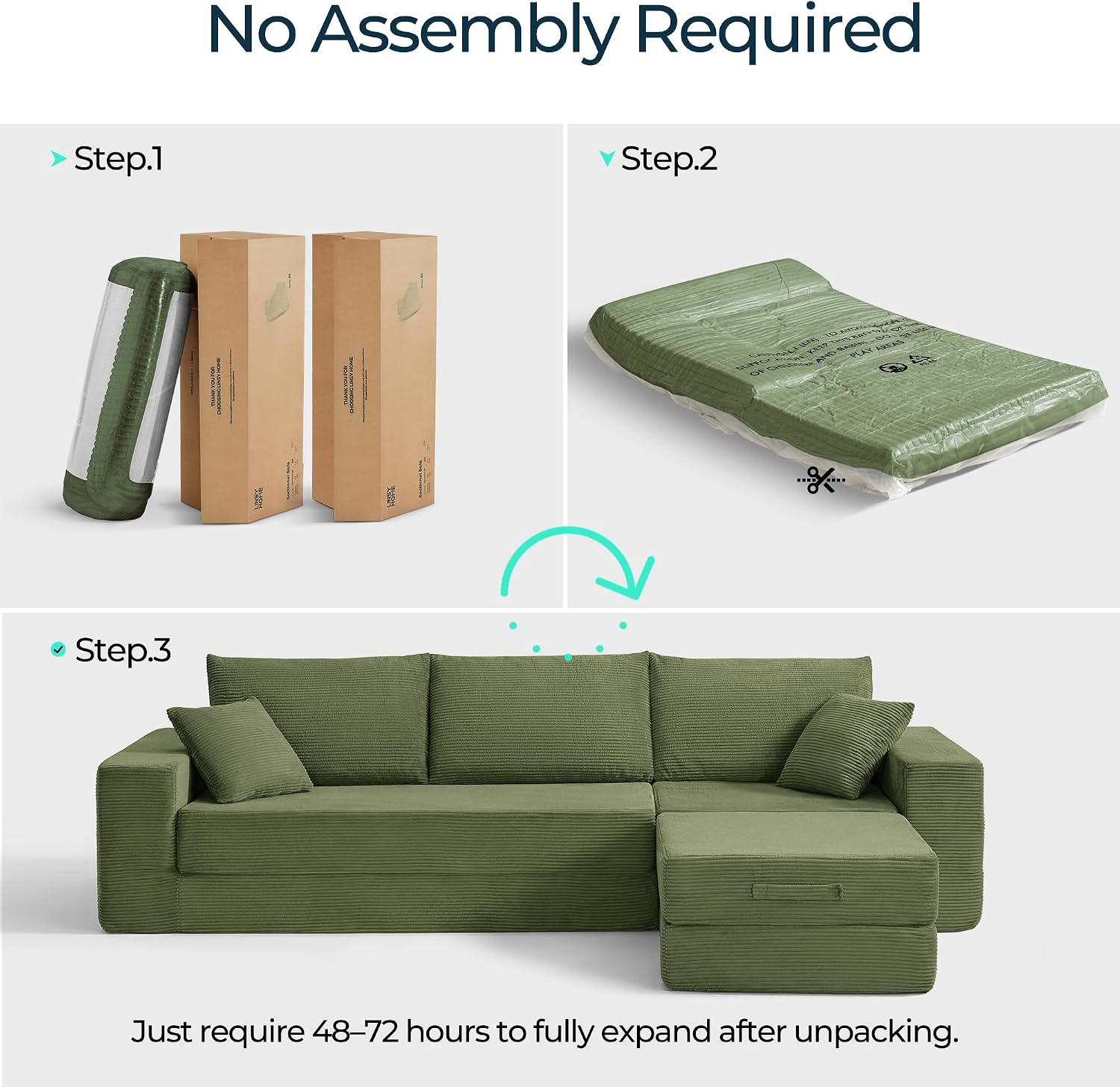 LINSY HOME Oversized Convertible Sofa Bed with 2 Pillows & Ottoman, Corduroy Boneless Couch Folding Modular Sleeper Sofa, L Shaped Couch Floor Sofa for Living Room Apartment, Upgrade Backrest (Green)