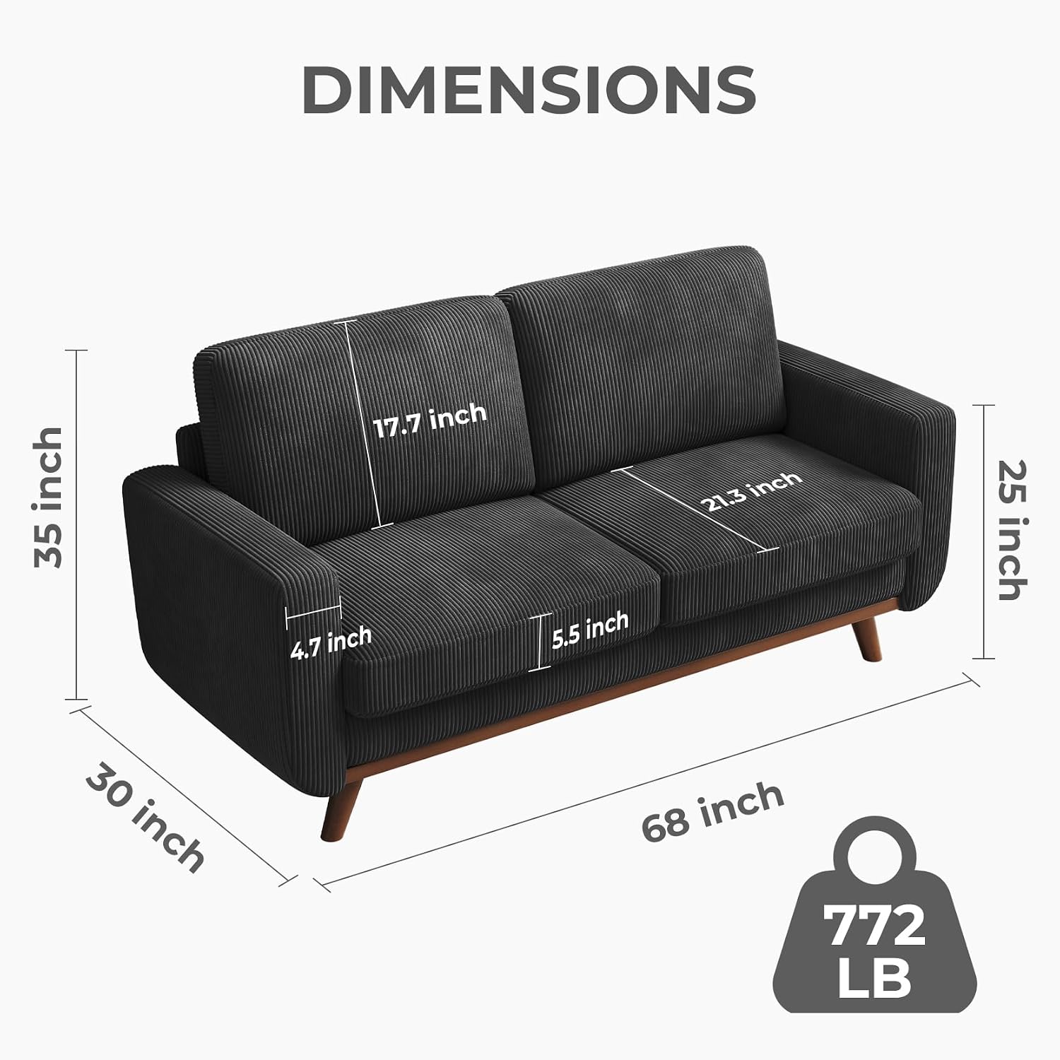 Vesgantti 68' Loveseat Sofa Black, Comfy Corduroy Couch with Spring Cushion and Solid Wood, Modern Extra Deep Seat for Bedroom, Living Room, Office