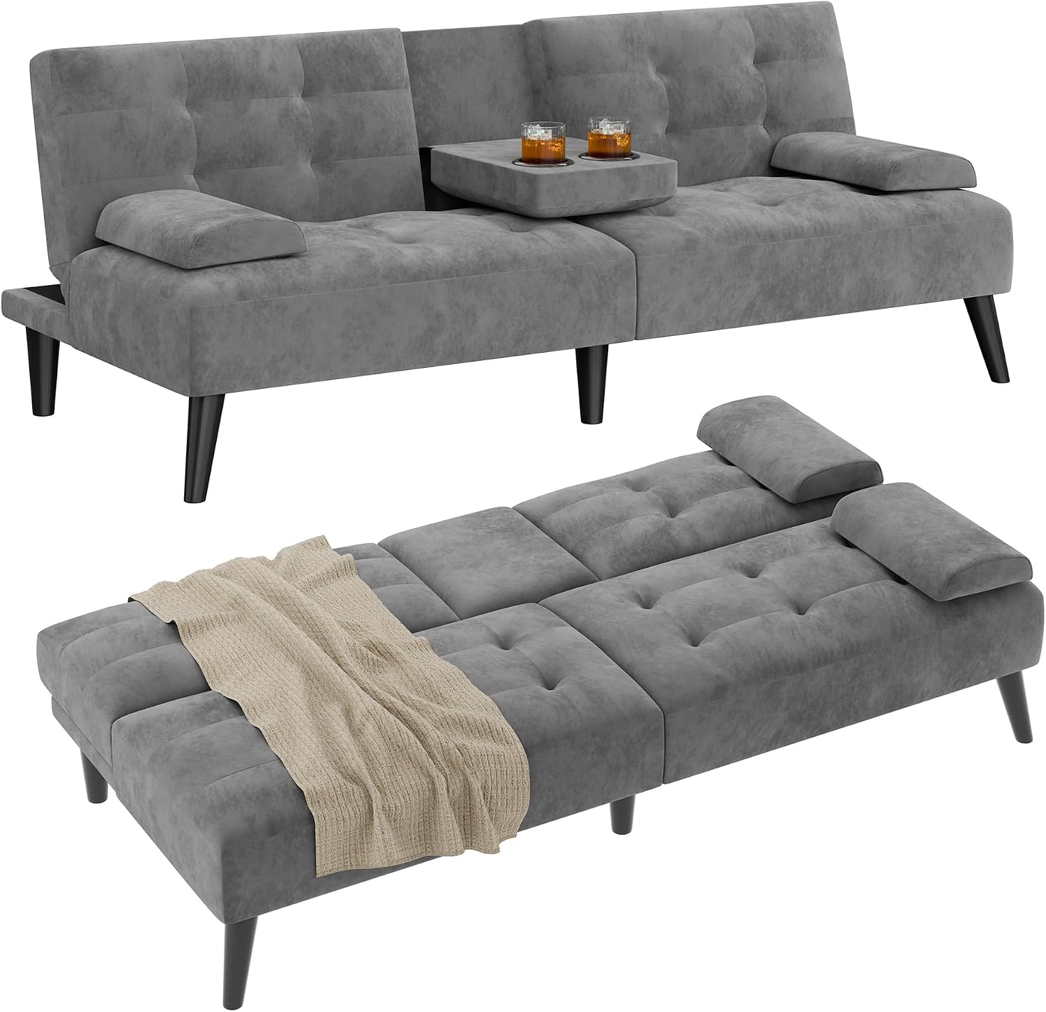 Shintenchi Futon Sofa Bed, Velvet Foldable Couch Reclining Sleeper w/Removable Armrests, Upholstered Loveseat w/Folding Cup Holders for Home, Office, Dark Gray