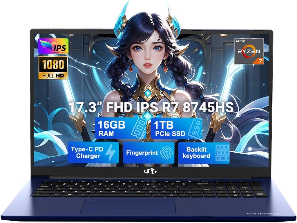 NIMO 17.3' Light-Gaming-Laptop, 8 Cores AMD Ryzen 7 8745HS 16GB DDR5 RAM 1TB SSD (Beat R9 6900HX, up to 4.9GHz) Radeon 780M Graphics IPS FHD Computer with 100W Type-C Backlit Keyboard, Fingerprint