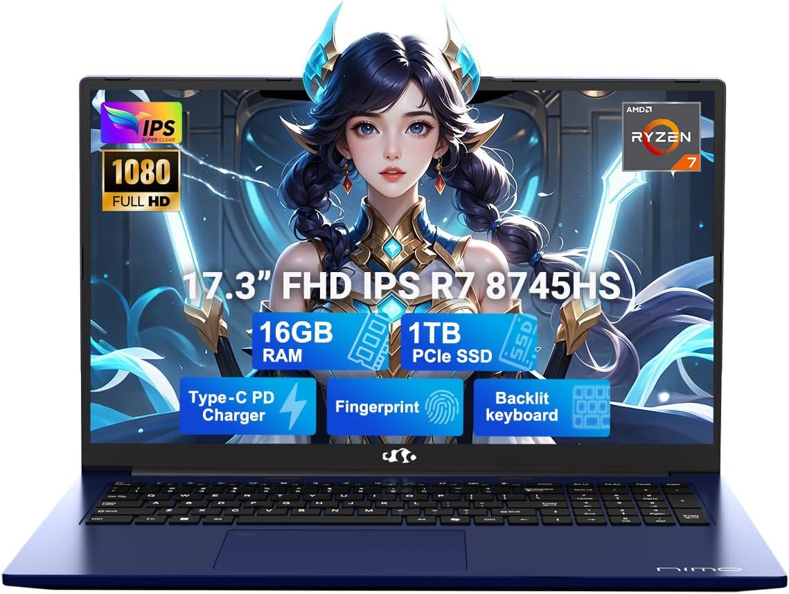 NIMO 17.3' Light-Gaming-Laptop, 8 Cores AMD Ryzen 7 8745HS 16GB DDR5 RAM 1TB SSD (Beat R9 6900HX, up to 4.9GHz) Radeon 780M Graphics IPS FHD Computer with 100W Type-C Backlit Keyboard, Fingerprint